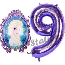 Parti Station Frozen Balon 9 Yaş Doğum Günü Set Frozen Elsa Konsept Balon ve Mor Rakam Balon Doğum Günü Set