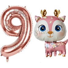 Parti Station Sevimli Geyik 9 Yaş Balon Set Ceylan Balon Woodland Konsept Geyik Balon ve Rosegold Renk Rakam Balon