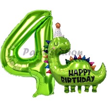 Parti Station Dinozor Balon 4 Yaş Balon Set Dinozor Konsept Balon ve Yeşil Renk Rakam Balon
