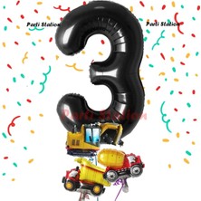 Parti Station Siyah Renk Rakam Balon Küçük Boy Inşaat Balonlu 3 Yaş Inşaat Kamyon Konspet Doğum Günü Balon Set
