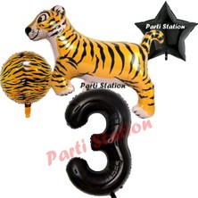 Parti Station Safari Kaplan Balon 3 Yaş Balon Set Kaplan Balon ve Siyah Rakam Balon Demeti Doğum Günü Seti