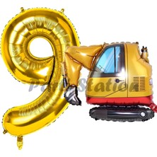 Parti Station Inşaat Kepçe Kamyon Balon 9 Yaş Doğum Günü Balon Set Iş Makinaları Konsept ve Gold Rakam Balon