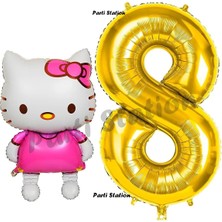 Parti Station Hello Kitty 8 Yaş Balon ve Gold Rakam Balon Doğum Günü Parti Set Hello Kitty Kedi Balon
