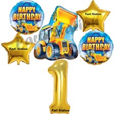 Parti Station Inşaat Konsept 1 Yaş Doğum Günü Balon Set Kamyon Kepçe Balon ve Gold Rakam Balon Parti Set