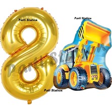 Parti Station Inşaat Konsept 8 Yaş Doğum Günü Balon Set Kepçe Balon ve Gold Rakam Balon Parti Set
