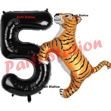 Parti Station Safari Kaplan Balon 5 Yaş Balon Set Kaplan Balon ve Siyah Rakam Balon Doğum Günü Seti