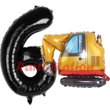 Parti Station Inşaat Kepçe Kamyon Balon 6 Yaş Doğum Günü Balon Set Iş Makinaları Konsept ve Siyah Rakam Balon