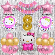 Parti Station Hello Kitty Balon Set 8 Yaş Hello Kitty Sevimki Kedi Konsept Altın Rakam Doğum Günü Parti Balon Set
