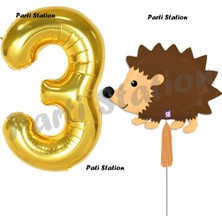Parti Station Woodland Kirpi Balon 3 Yaş Balon Set Kirpi Balon ve Gold Rakam Balon Doğum Günü Seti