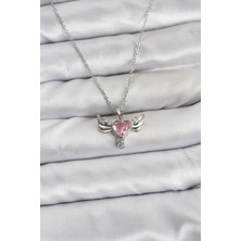 Eco Lounge 316L Çelik Zincir Gümüş Renk Kanatlı Kalp Model Zirkon Taşlı Kadın Kolye