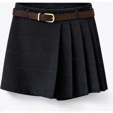 Lacivert Ekoseli Kemerli  Şort Etek