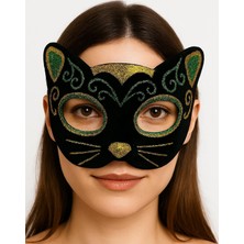 Subutu Siyah Kadife Kaplama Üzeri Sarı Yeşil Işlemeli Kedi Maskesi 20X13 cm