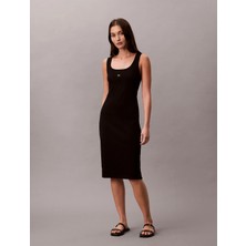 Calvin Klein Kolsuz Bebek Fitilli Dokuma Etiketli Kare Yaka Kadın Siyah Elbise LV047F257G-UB1