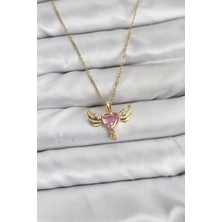 Eco Lounge 316L Çelik Zincir Gold Renk Kanatlı Kalp Model Zirkon Taşlı Kadın Kolye