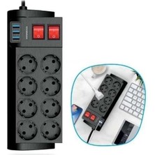 Eco Lounge Isıya Dayanıklı Termal Akım Korumalı 2 Metre 16A 4000W 8li Priz ve 3 USB Li Uzatma Kablosu