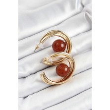 Eco Lounge Pirinç Gold Renk Halka Model Kahverengi Boncuk Detay Kadın Küpe