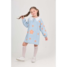 Moonch Kız Çocuk Dantelli Yaka Çiçek Nakışlı Kot Elbise – Uzun Kollu, Rahat Kesim, Günlük & Özel Gün Kullanımına Uygun