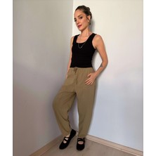 Haki Havuç Kesim Keten Pantolon