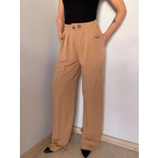 Camel Çift Pileli Keten Pantolon