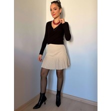 Krem Altı Pileli Mini Etek