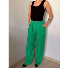 Yeşil Çift Pileli Keten Pantolon