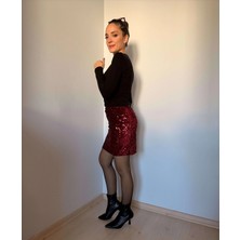 Bordo Kadife Payetli Mini Etek