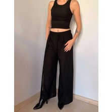 Siyah Derin Yırtmaç Detaylı Keten Pantolon