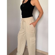 Taş Rengi Çizgili Keten Kargo Pantolon