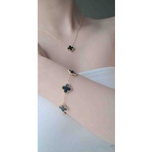 Güneş Takı Gold Siyah Yonca Kolye Bileklik Seti 2li