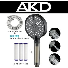 Geniş Kafalı Filtreli Duş Başlığı + 3 Yedek Filtre + 1,5 M Paslanmaz Hortum | Basınç Artırıcı, Klor ve Kireç Önleyici, Saç ve Cilt Dostu