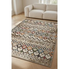 Kilim Home Bej Zeminli Renkli Baklava Desenli Etnik Modern Vintage Görünümlü Dekoratif Salon Halısı