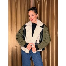 Haki Deri Peluş Detaylı Bomber Mont