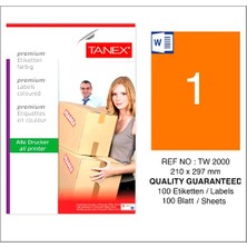Tanex Etiket 210X297MM TW-2000 A4 Yapışkanlı Turuncu Lazer Etiket - 15 Adet