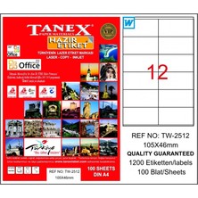 Tanex Etiket 105X46MM A4 TW-2512 Lazer Etiket - 15 Adet
