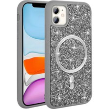 Paladyum Case iPhone 11 Uyumlu Pırlanta Tasarım Magsafe Gri Mozaik Kapak