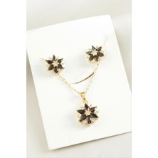 Zero Land Storozde Çiçek Zirkon Taşlı Set Kolye - Siyah