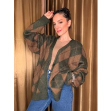 Haki Baklava Desen V Yaka Yün Hırka