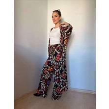 Siyah Etnik Desenli Kimono Pantolon Takım
