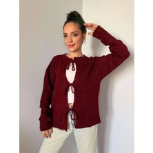 Bordo Önden Bağlamalı Triko Hırka