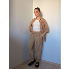 Kahverengi Keten Gömlek Pantolon Takım