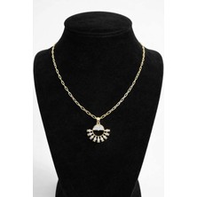 Yarım Güneş Figürlü Gold Zirkon Taşlı Zincir Kolye