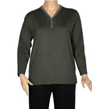 Pıtırcık Cimariva Kadın Öykü Büyük Beden V Yakası Triko Detaylı Haki Bluz