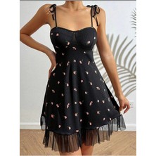 Datatek Kadın Siyah Pembe Gül Desenli Askılı Bağlamalı Dantel Detaylı Elbise 5072