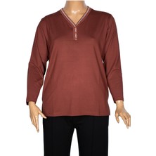 Pıtırcık Cimariva Kadın Öykü Büyük Beden V Yakası Triko Detaylı Taba Bluz