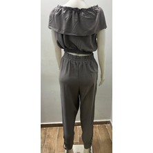 Aslami Tekstil Gri Kadın Kapalı Omuz Bağcıklı Fırfırlı Crop Bluz Şalvar Ikili Takım - %95 Pamuk Günlük Set