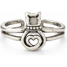 Herşey Nota Kalpli Kedi Figürlü Ayarlanabilir Gümüş Renk Yüzük – Minimal Sevimli Tasarım