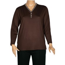 Pıtırcık Cimariva Kadın Öykü Büyük Beden V Yakası Triko Detaylı Kahve Bluz