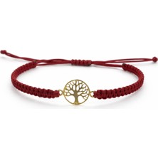 Safir Jewellery 925 Ayar Gümüş Altın Kaplama Hayat Ağacı Bileklik Bordo Makrome Ip Ayarlanabilir-Hediye Kutulu