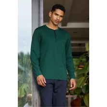 Kly %100 Pamuk Uzun Kollu Ekstra Battal Beden Erkek Pijama Takım Yeşil Renkli Konforlu Tasarım