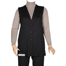 Hermevsim Hesna Kadın Buğra Cepli 4 Düğmeli Yanı Yırtmaçlı Siyah Yelek